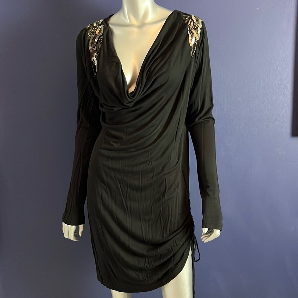 Black Long-Sleeve Mini Dress with Embellished Shoulders